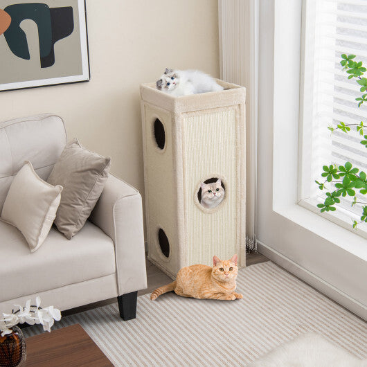 39 Inch Tall Cat Condo with Scratching Posts and 3 Hideaways and 4 Soft Plush Cushions-Gray