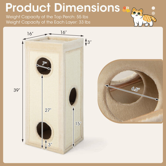 39 Inch Tall Cat Condo with Scratching Posts and 3 Hideaways and 4 Soft Plush Cushions-Gray