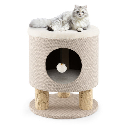 3-in-1 Cat Condo Stool Kitty Bed with Scratching Posts and Plush Ball Toy-Gray