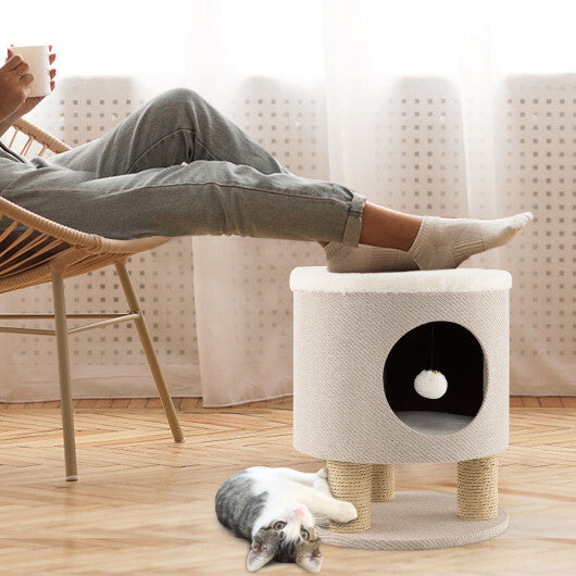 3-in-1 Cat Condo Stool Kitty Bed with Scratching Posts and Plush Ball Toy-Gray