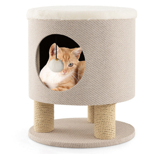 3-in-1 Cat Condo Stool Kitty Bed with Scratching Posts and Plush Ball Toy-Gray
