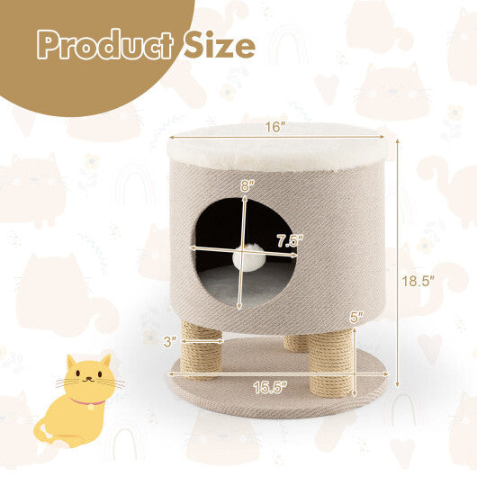 3-in-1 Cat Condo Stool Kitty Bed with Scratching Posts and Plush Ball Toy-Gray