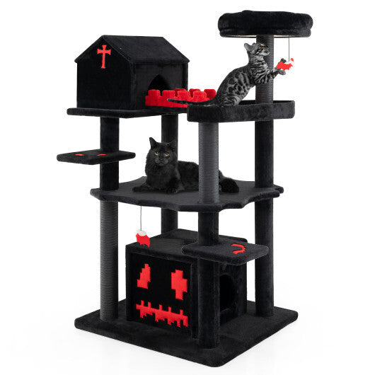 Gothic Cat Tree 49 Inch Tall Cat Tower 6-Tier Cat Activity Center with Coffin Bed-Black - Color: Black