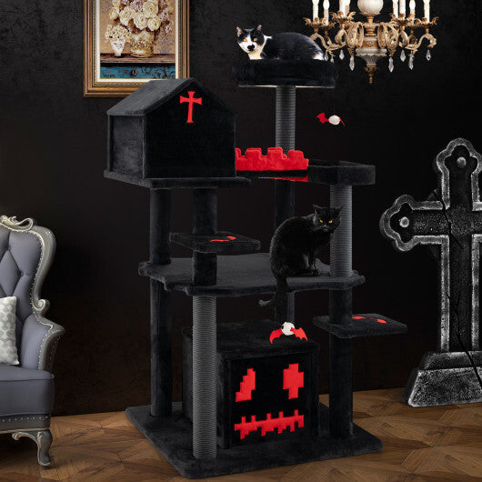 Gothic Cat Tree 49 Inch Tall Cat Tower 6-Tier Cat Activity Center with Coffin Bed-Black - Color: Black