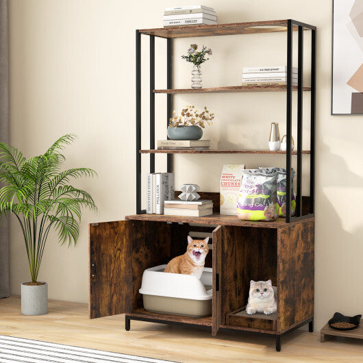 Cat Litter Box Enclosure with Storage and 3-tier Shelves-Rustic Brown