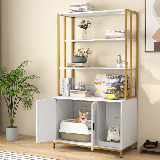 Cat Litter Box Enclosure with Storage and 3-tier Shelves-Rustic Brown