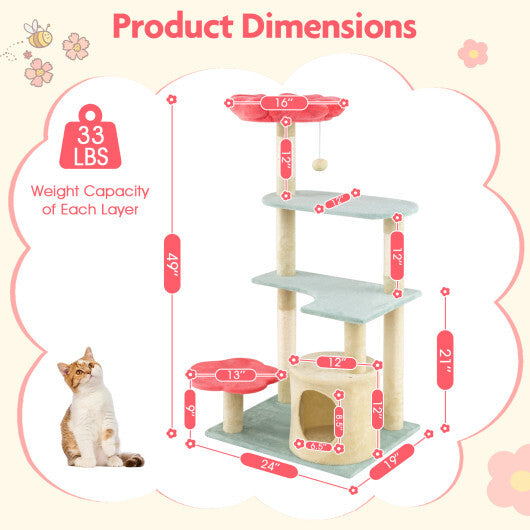 49 Inch Tall Multi-Level Aesthetic Floral Kitten Tower with Flower-Shaped Plush Padded Perch-Multicolor