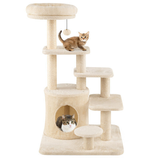 40 Inch Multi-level Cat Tower with Condo and Dangling Jingle Ball-Gray