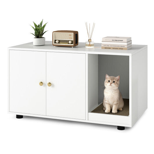 Wooden Cat Litter Box Enclosure Hidden Litter Box Furniture with Scratching Board-Oak
