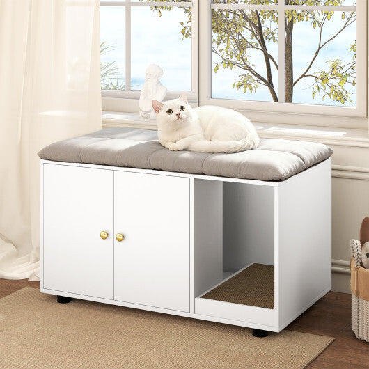 Wooden Cat Litter Box Enclosure Hidden Litter Box Furniture with Scratching Board-Oak