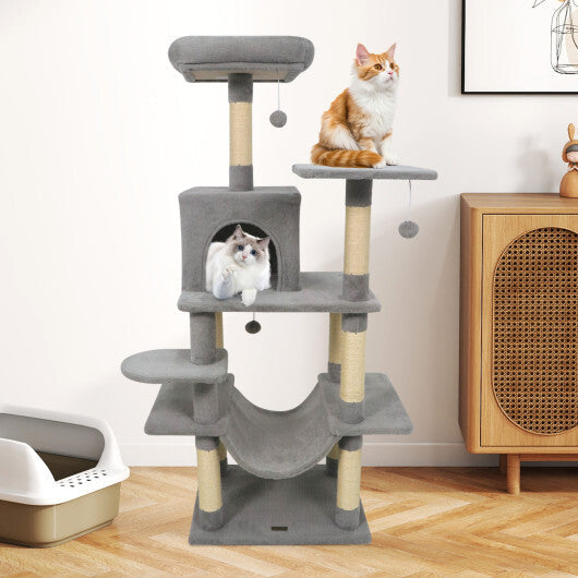 58" Multi-Level Cat Tree Soft Plush Cat Tower with Padded Top Perch-Grey