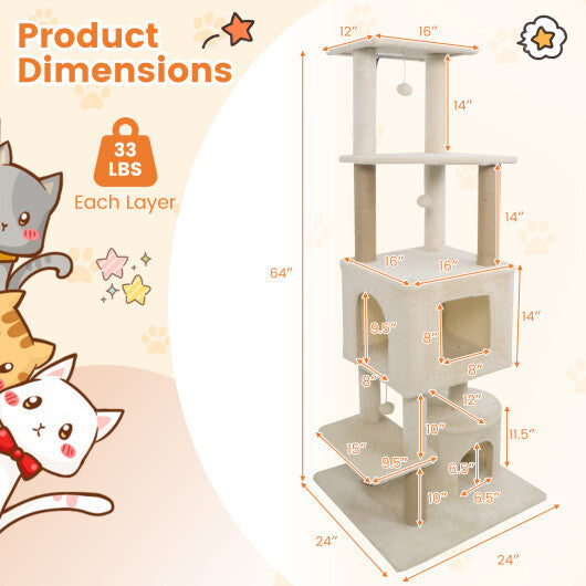 64 Inch Tall Cat Tree with 2 Large Condos and Jute Scratching Posts for Indoor Adult Cats-Beige