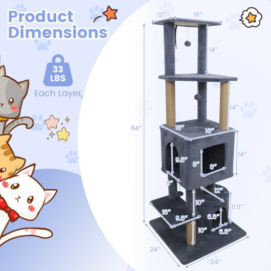 64 Inch Tall Cat Tree with 2 Large Condos and Jute Scratching Posts for Indoor Adult Cats-Beige