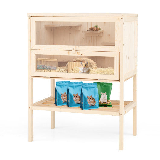 31.5 Inches Freestanding Hamster Cage Wooden Hamster Habitat Playpen-Natural