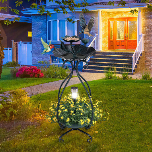 Solar Outdoor Bird Bath Feeder Combo with Flower Planter Pedestal and Solar Lights-Copper