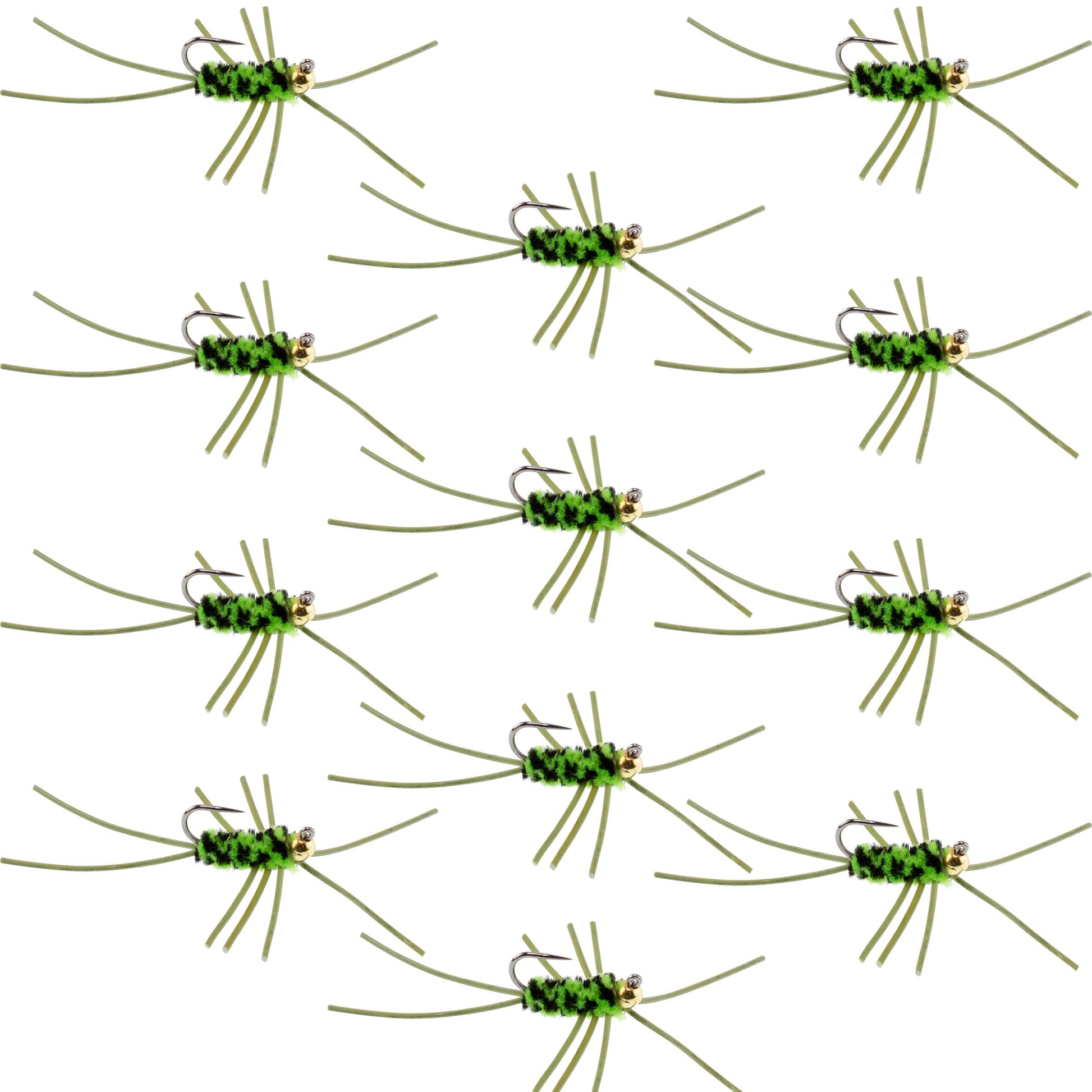 Barbless Pat's Rubber Legs Tungsten Bead Jigged Black/Chartreuse Euro Nymph  - Set of 12 Flies Hook Size 10