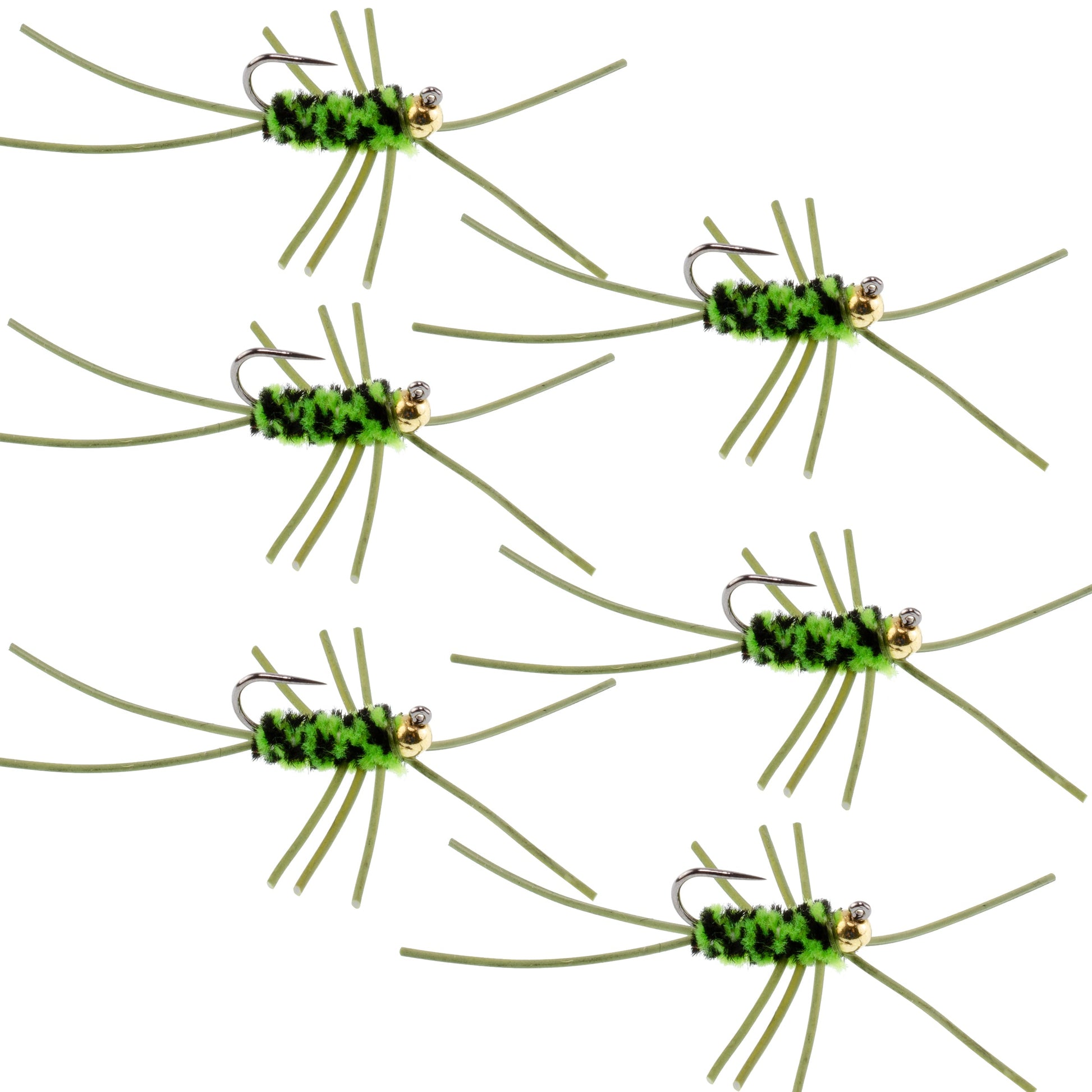 Barbless Pat's Rubber Legs Tungsten Bead Jigged Black/Chartreuse Euro Nymph  - Set of 6 Flies Hook Size 10