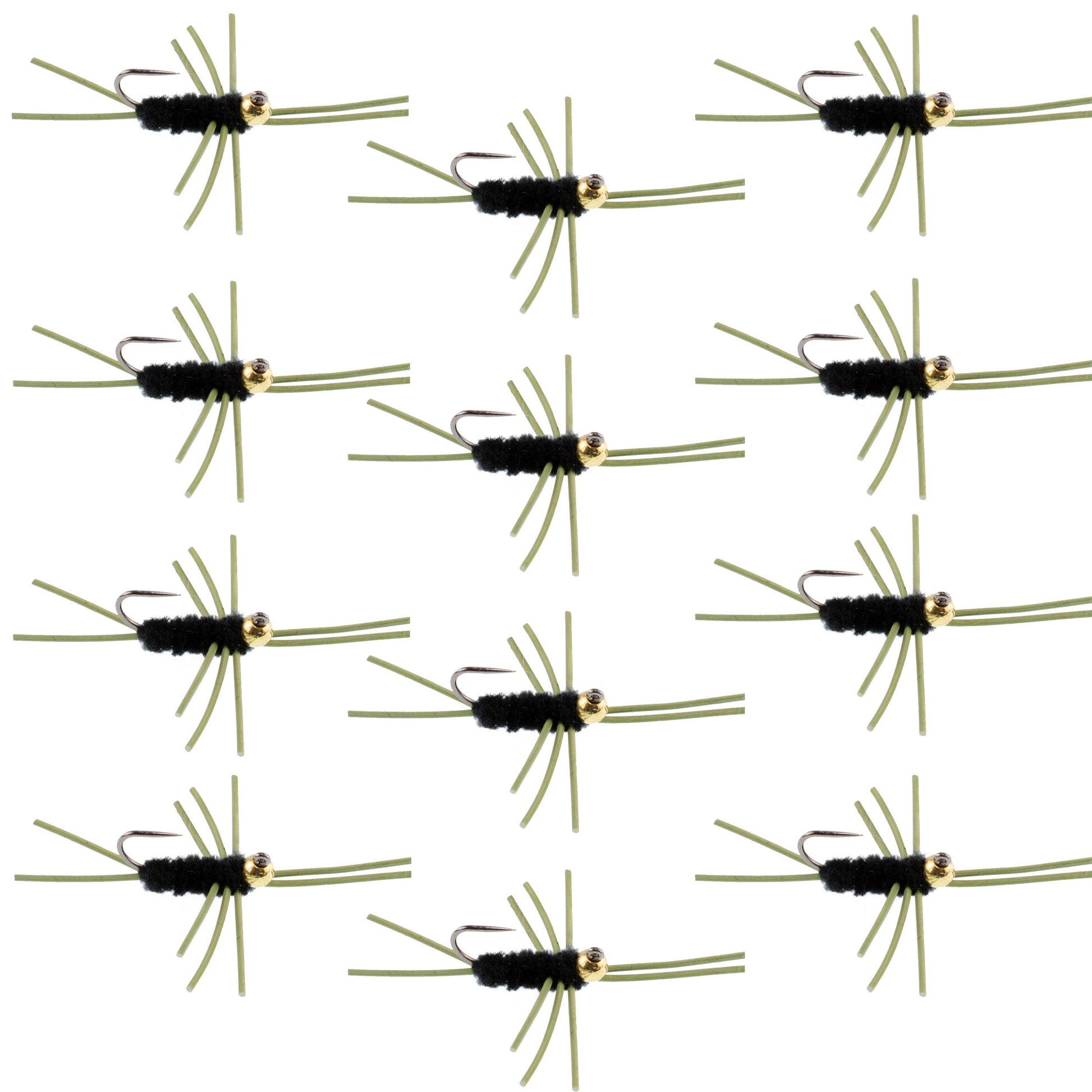 Barbless Pat's Rubber Legs Tungsten Bead Jigged Black Euro Nymph  - Set of 12 Flies Hook Size 10