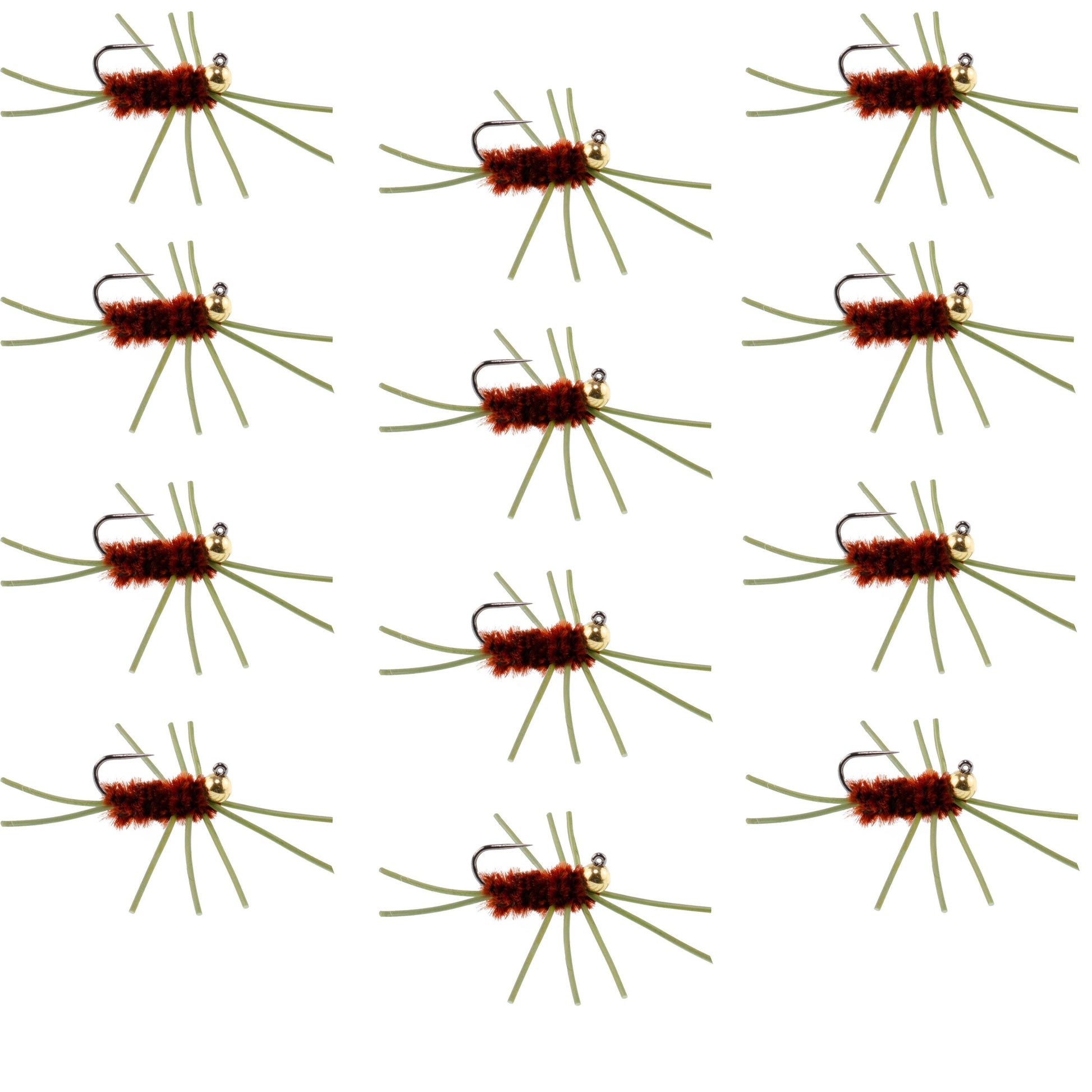 Barbless Pat's Rubber Legs Tungsten Bead Jigged Brown Euro Nymph  - Set of 12 Flies Hook Size 10