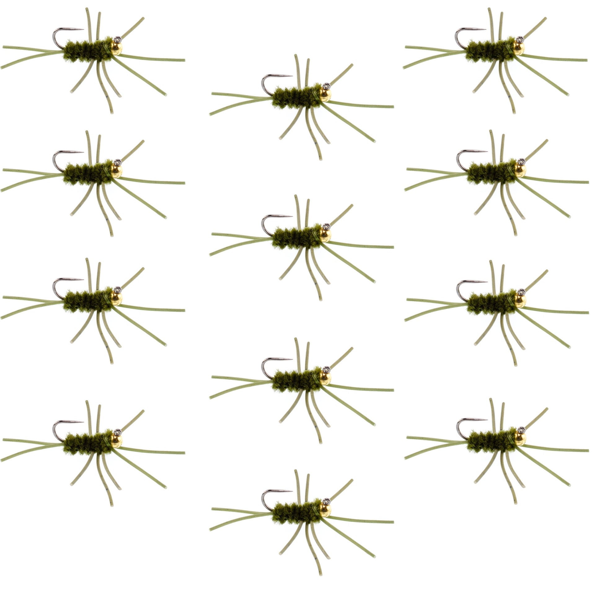 Barbless Pat's Rubber Legs Tungsten Bead Jigged Dark Olive Euro Nymph  - Set of 12 Flies Hook Size 10