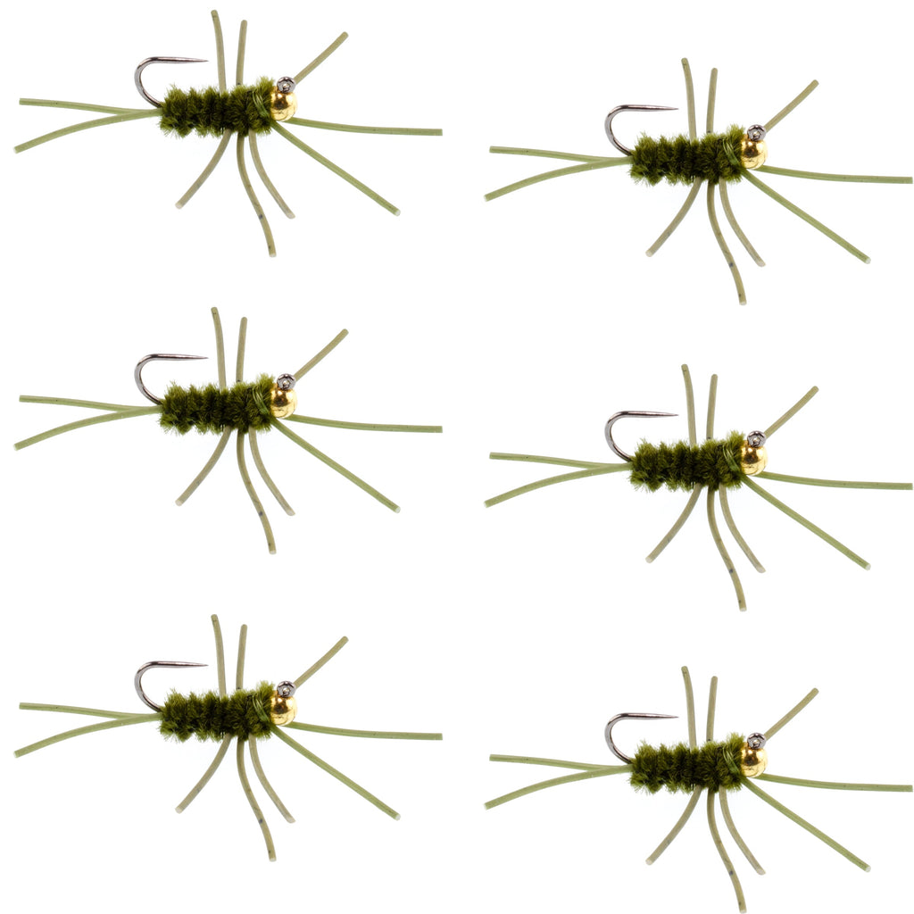 Barbless Pat's Rubber Legs Tungsten Bead Jigged Dark Olive Euro Nymph  - Set of 6 Flies Hook Size 10