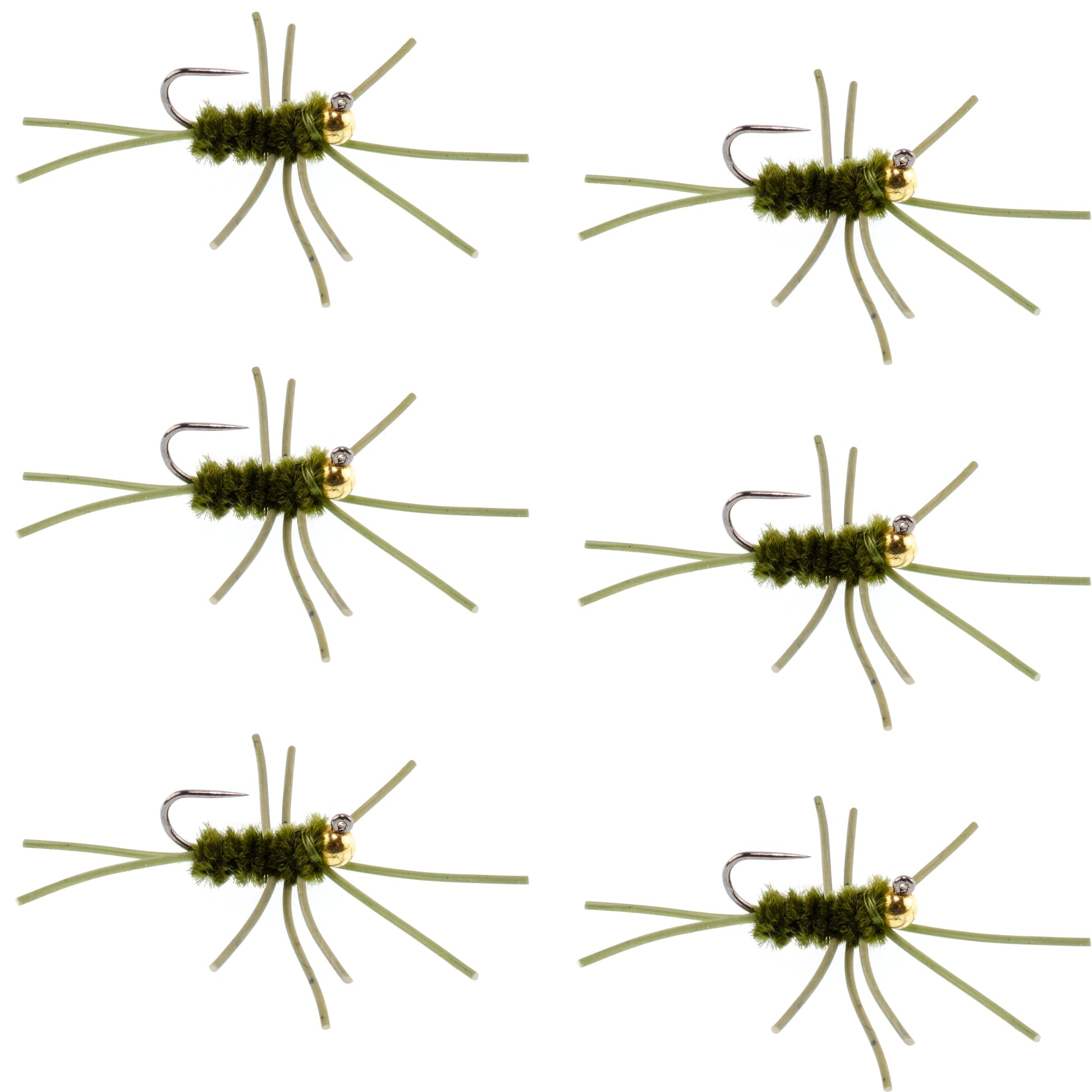 Barbless Pat's Rubber Legs Tungsten Bead Jigged Dark Olive Euro Nymph  - Set of 6 Flies Hook Size 10