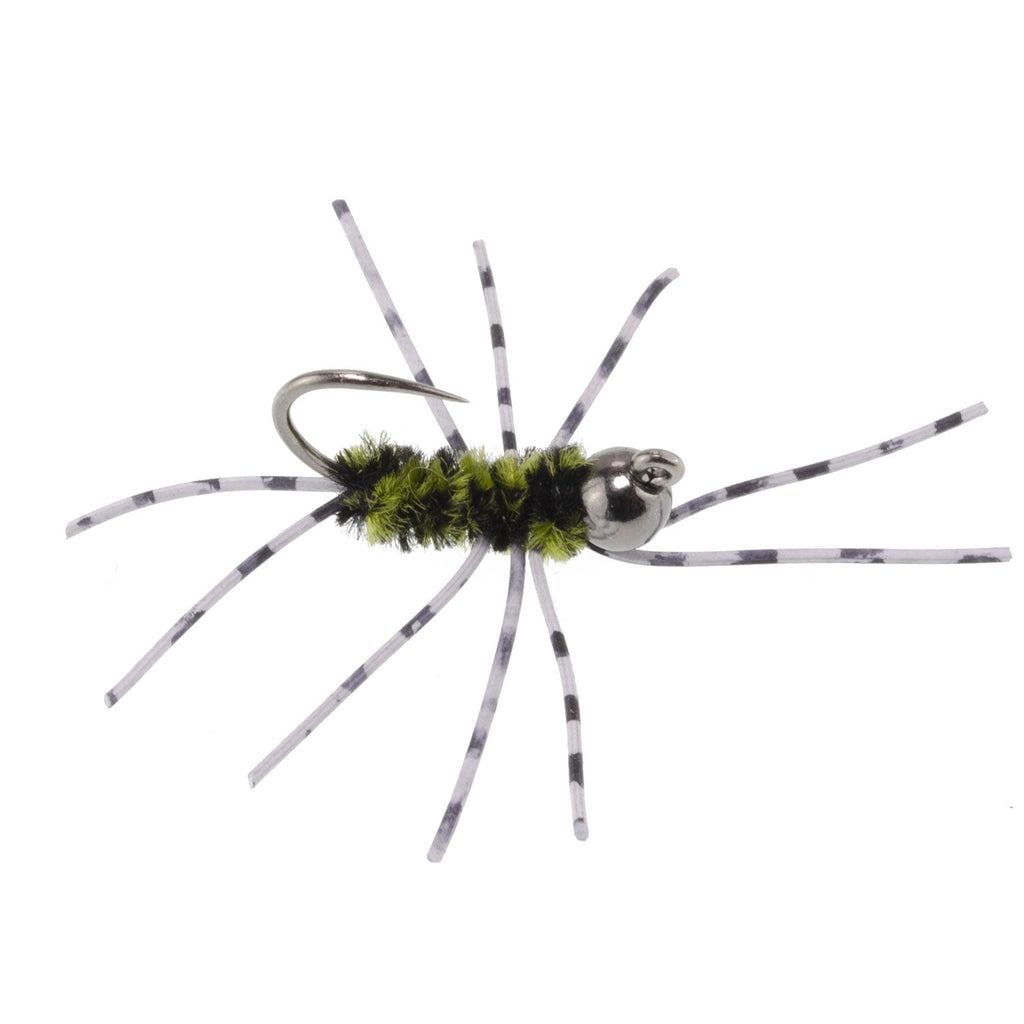 Barbless Pat's Rubber Legs Tungsten Bead Jigged  Olive/Black Euro Nymph  - Set of 6 Flies Hook Size 10