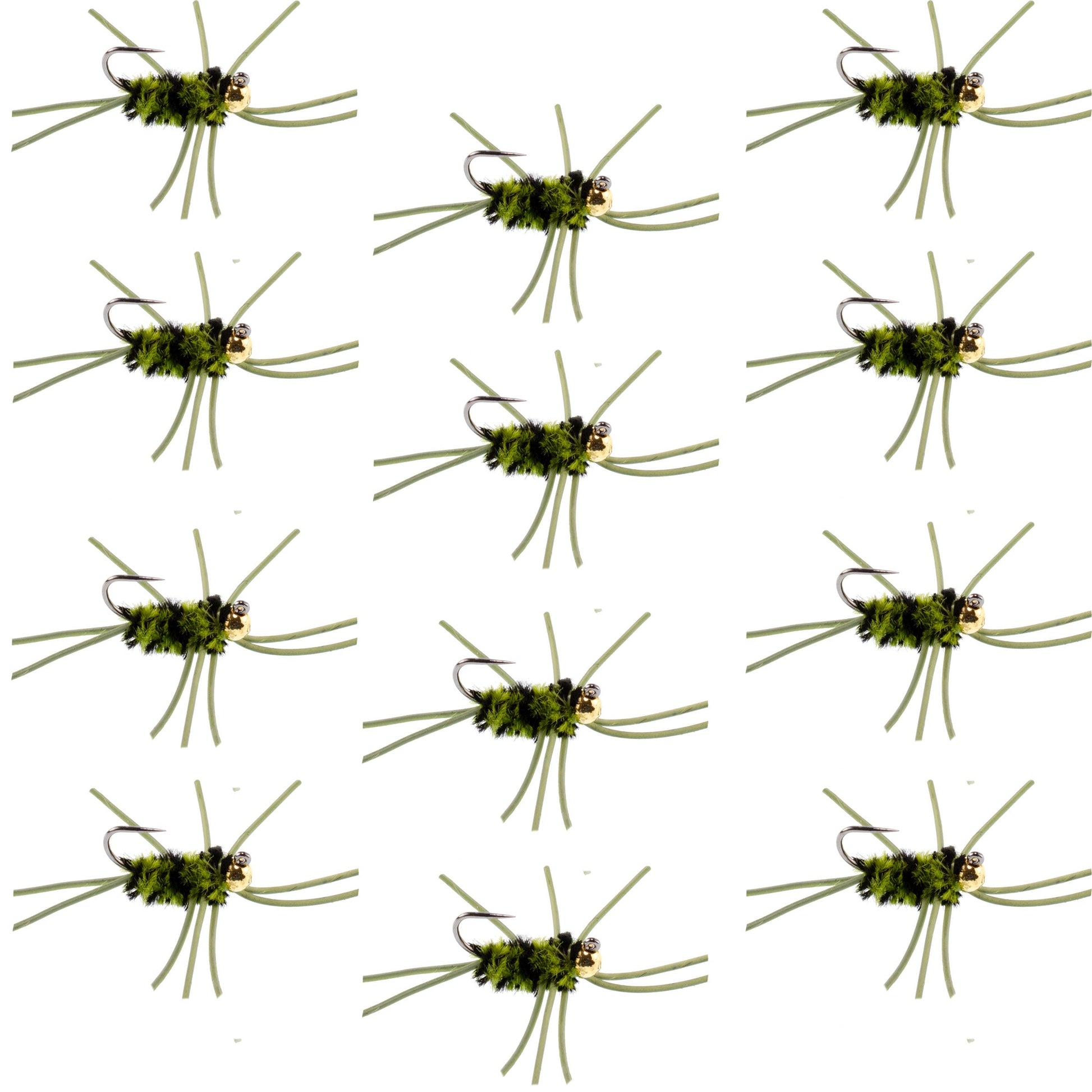 Barbless Pat's Rubber Legs Tungsten Bead Jigged Black/Olive Euro Nymph  - Set of 12 Flies Hook Size 10