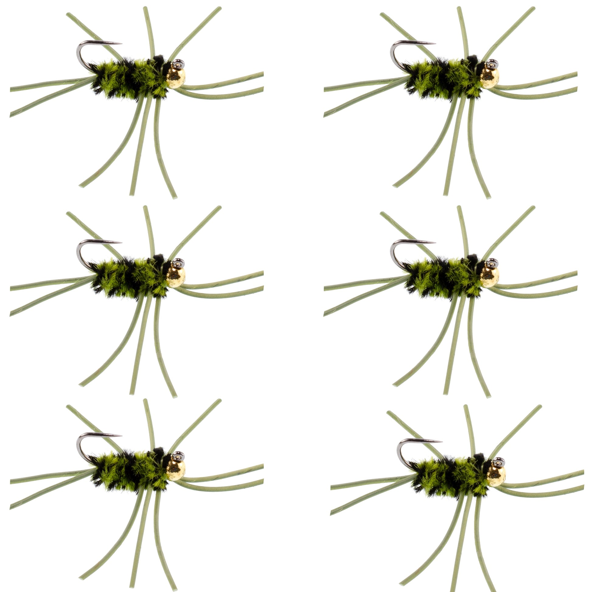 Barbless Pat's Rubber Legs Tungsten Bead Jigged  Olive/Black Euro Nymph  - Set of 6 Flies Hook Size 10