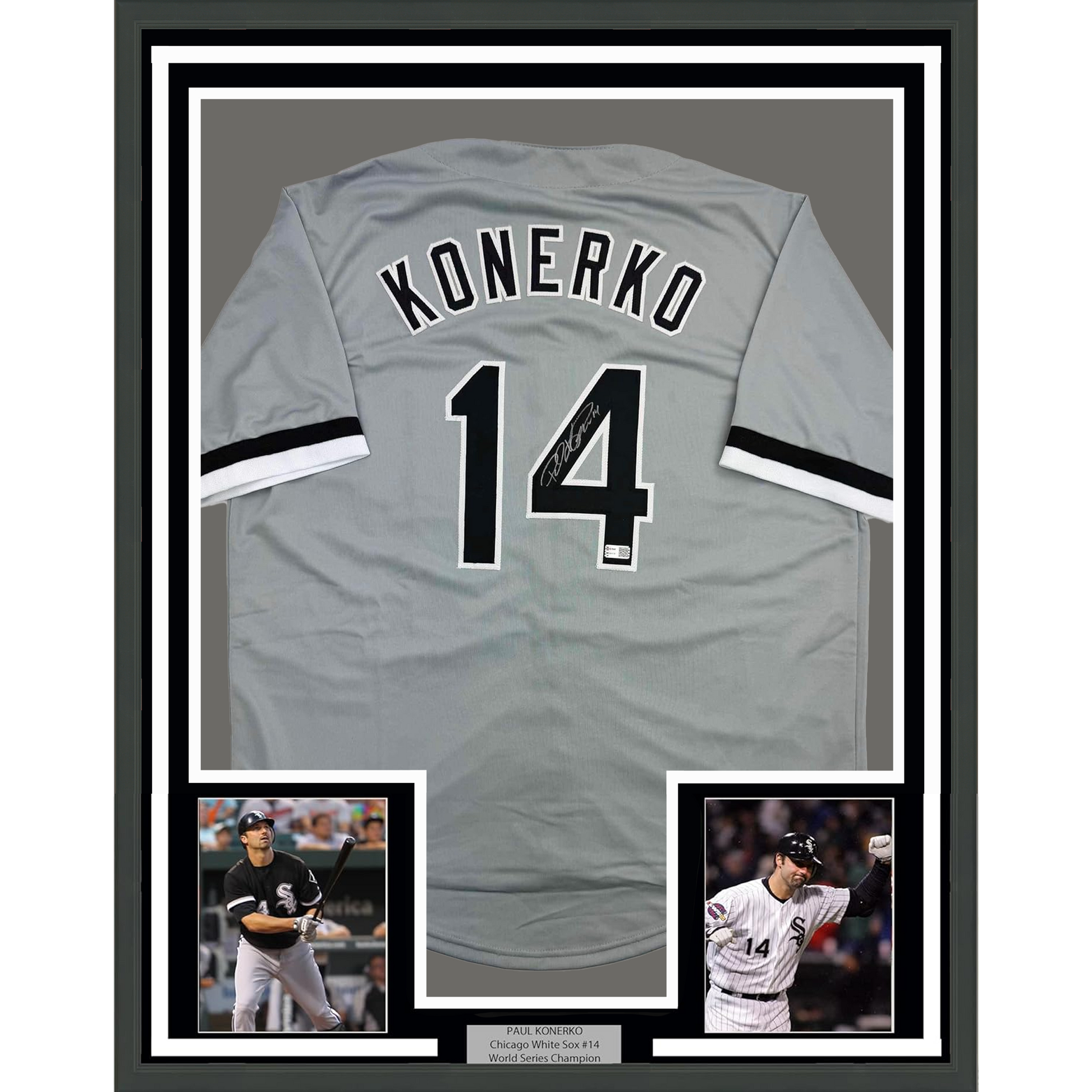 Framed Autographed/Signed Paul Konerko 35x39 Chicago Grey Baseball Jersey TriStar COA