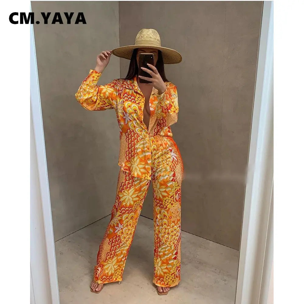 Peacock Print Button Up Blouse and Pants - Two-Piece Set