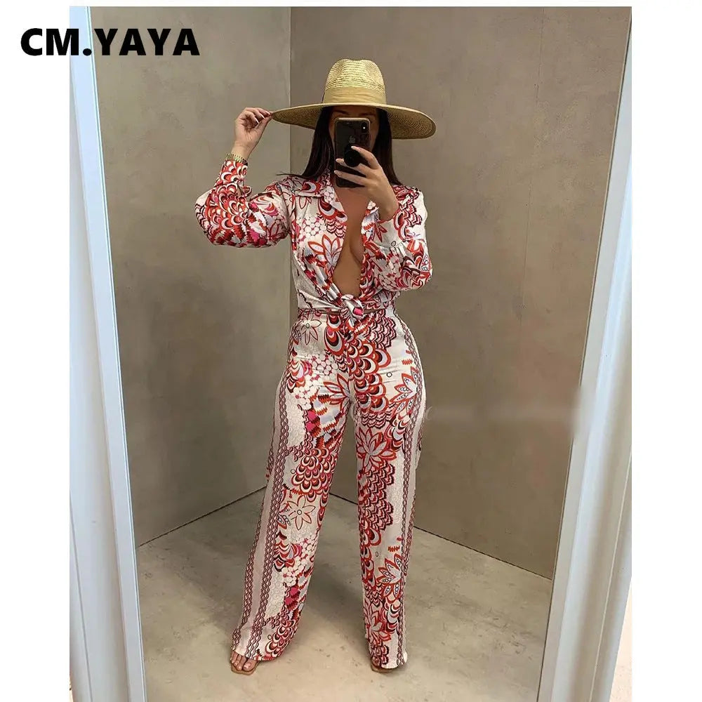 Peacock Print Button Up Blouse and Pants - Two-Piece Set