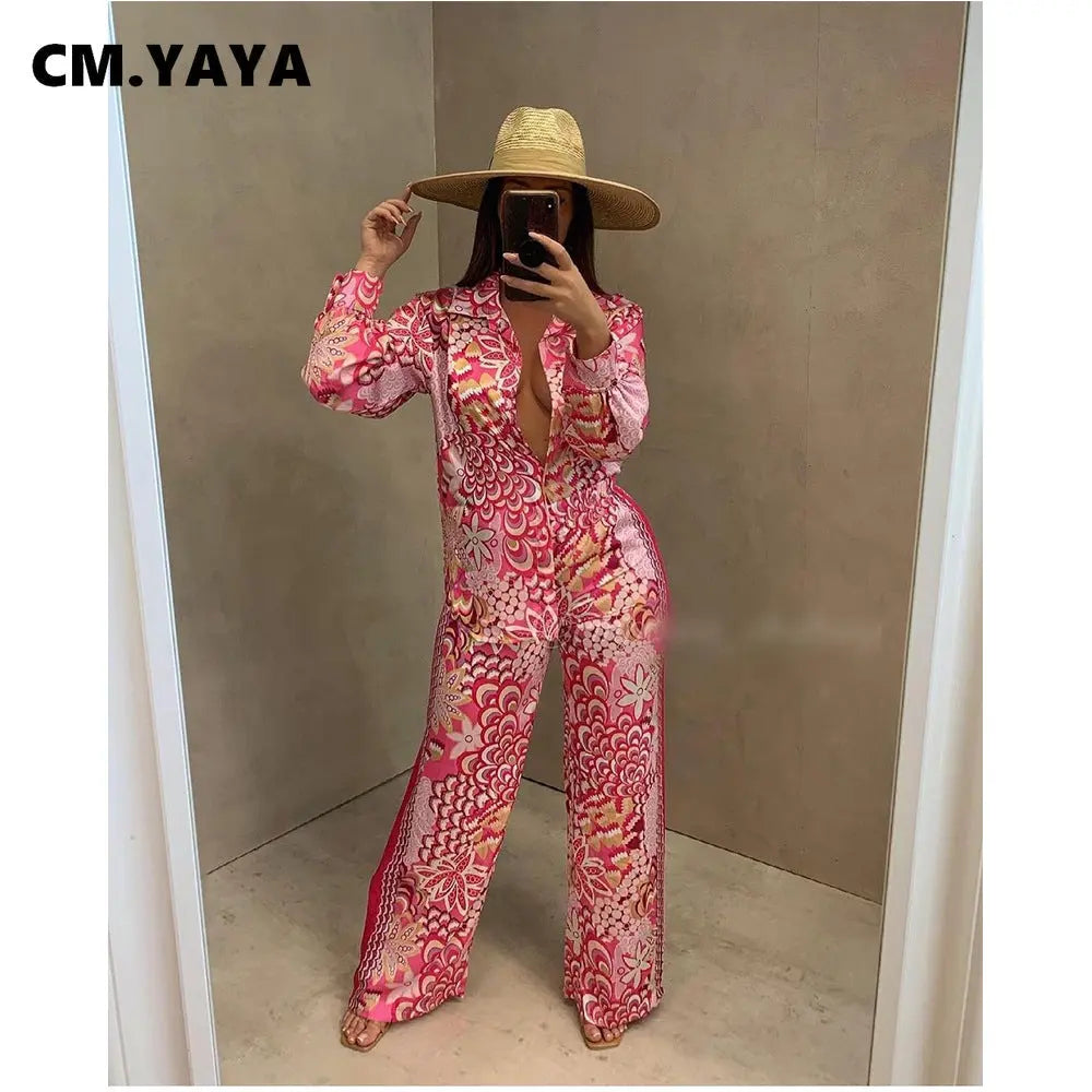 Peacock Print Button Up Blouse and Pants - Two-Piece Set