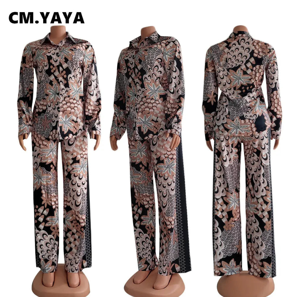 Peacock Print Button Up Blouse and Pants - Two-Piece Set