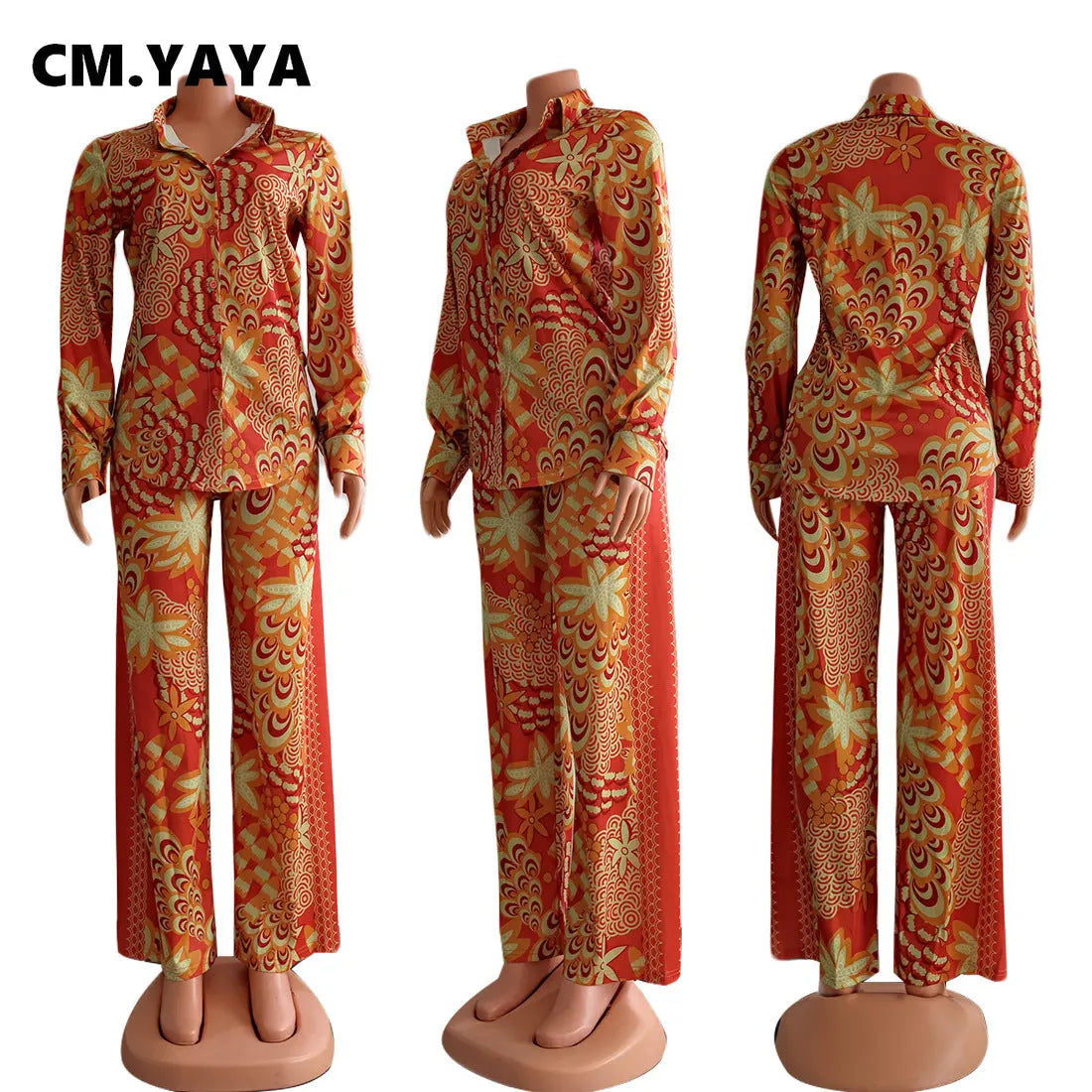 Peacock Print Button Up Blouse and Pants - Two-Piece Set