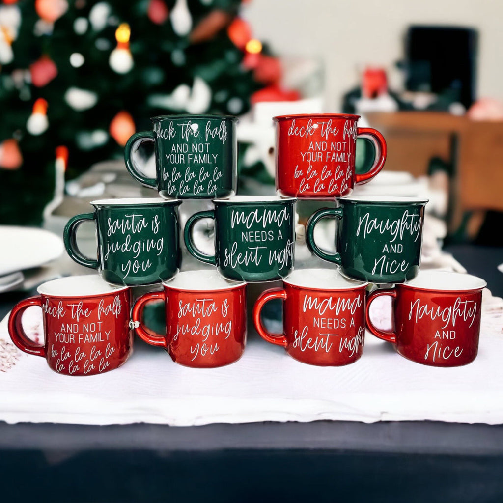 Deck The Halls Ceramic Campfire Mug 14.5oz Holiday Coffee Cup Red Or Green Limited Collection