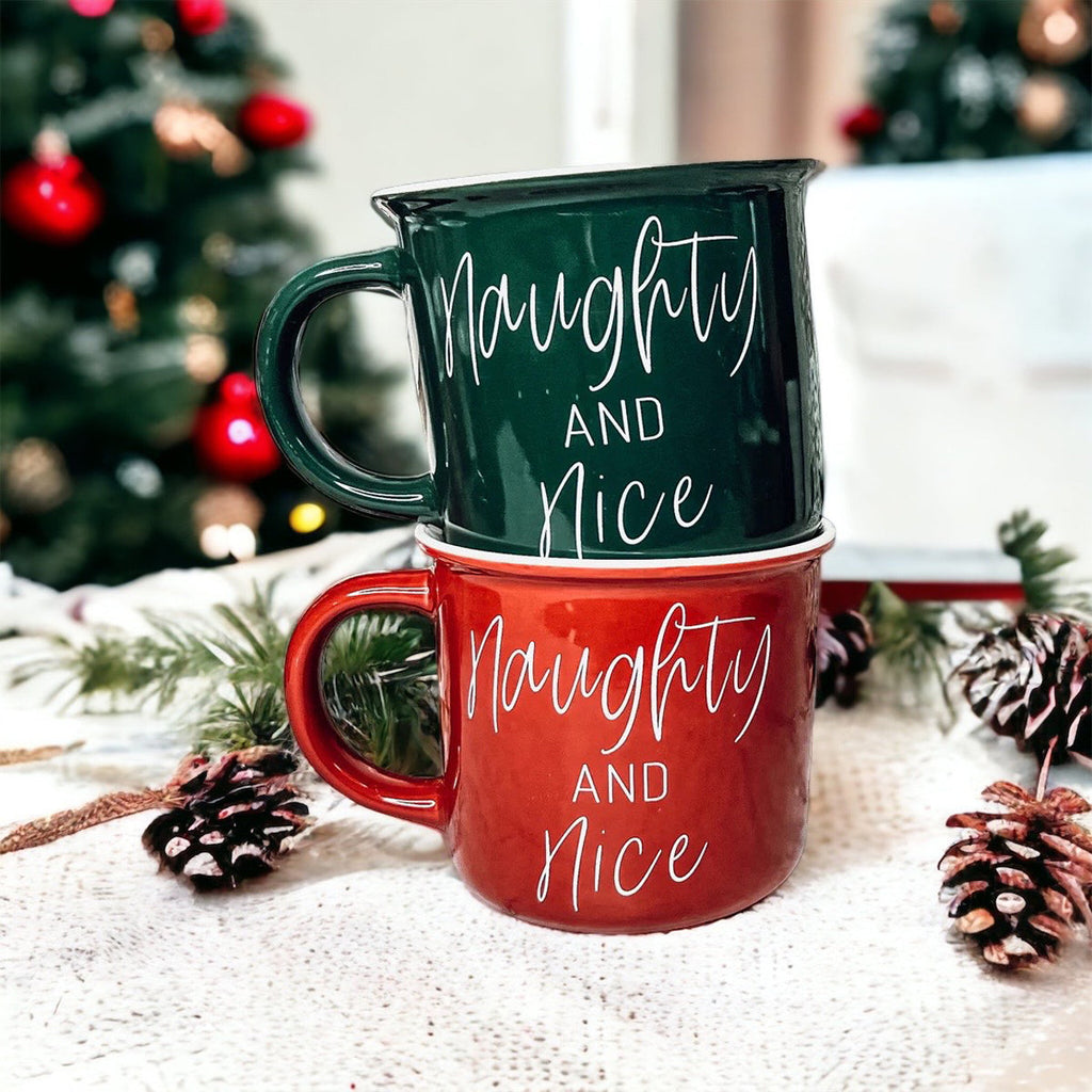 Naughty And Nice Coffee Mug Ceramic Campfire Style 14.5oz Red Or Green Double Side Design