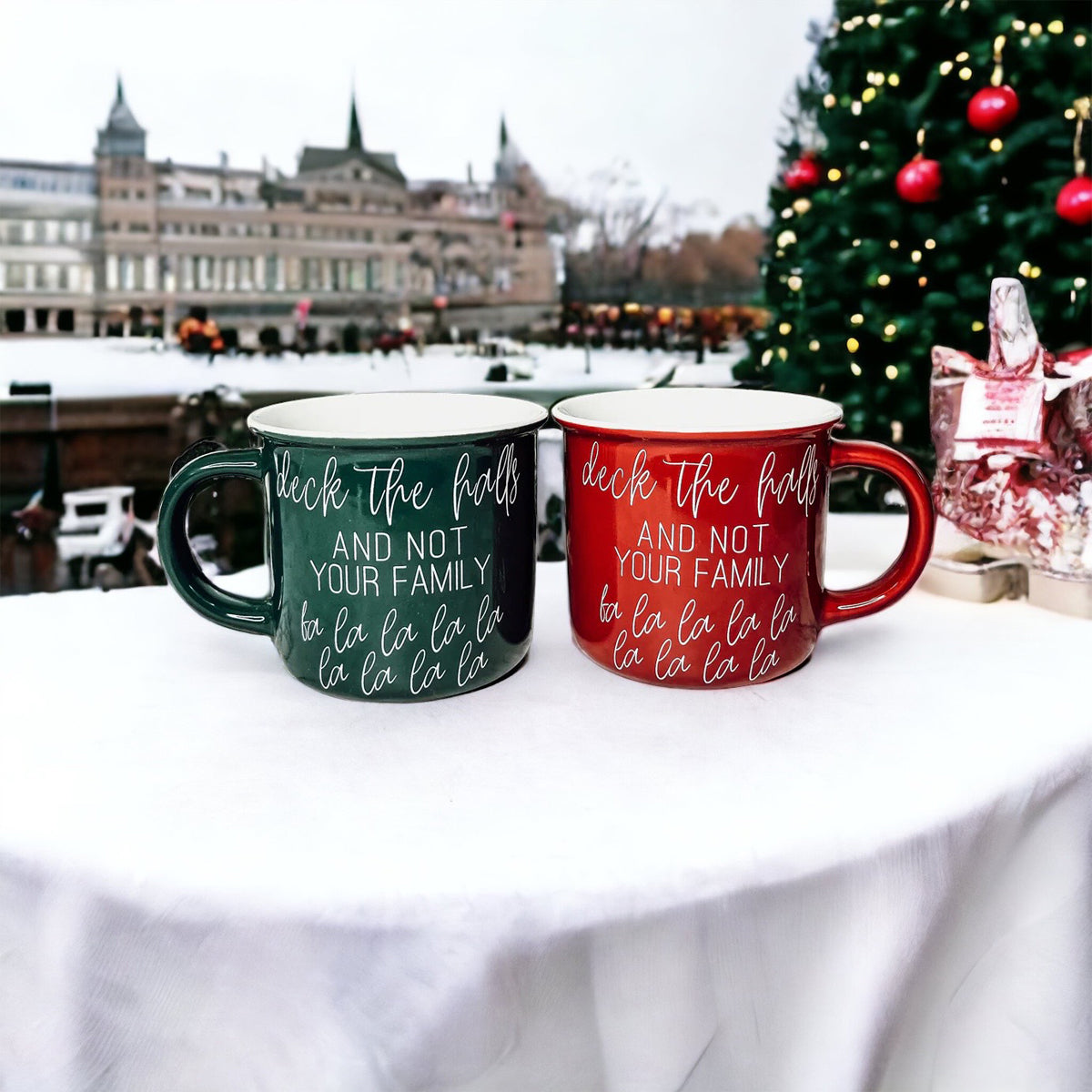 Deck The Halls Ceramic Campfire Mug 14.5oz Holiday Coffee Cup Red Or Green Limited Collection