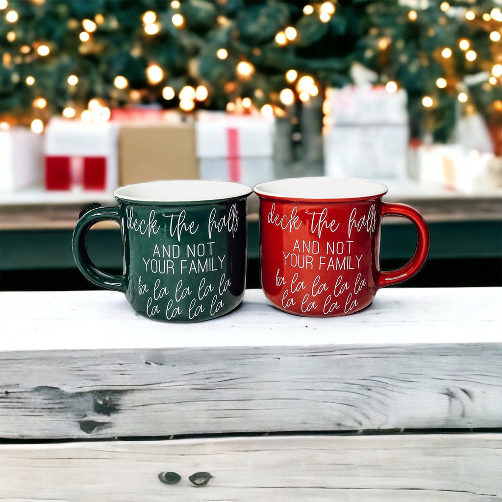 Deck The Halls Ceramic Campfire Mug 14.5oz Holiday Coffee Cup Red Or Green Limited Collection
