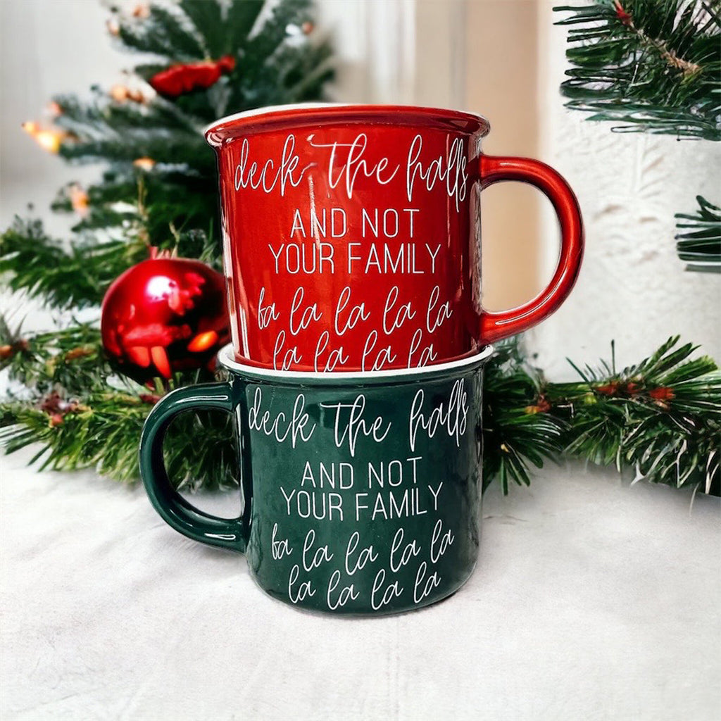 Deck The Halls Ceramic Campfire Mug 14.5oz Holiday Coffee Cup Red Or Green Limited Collection