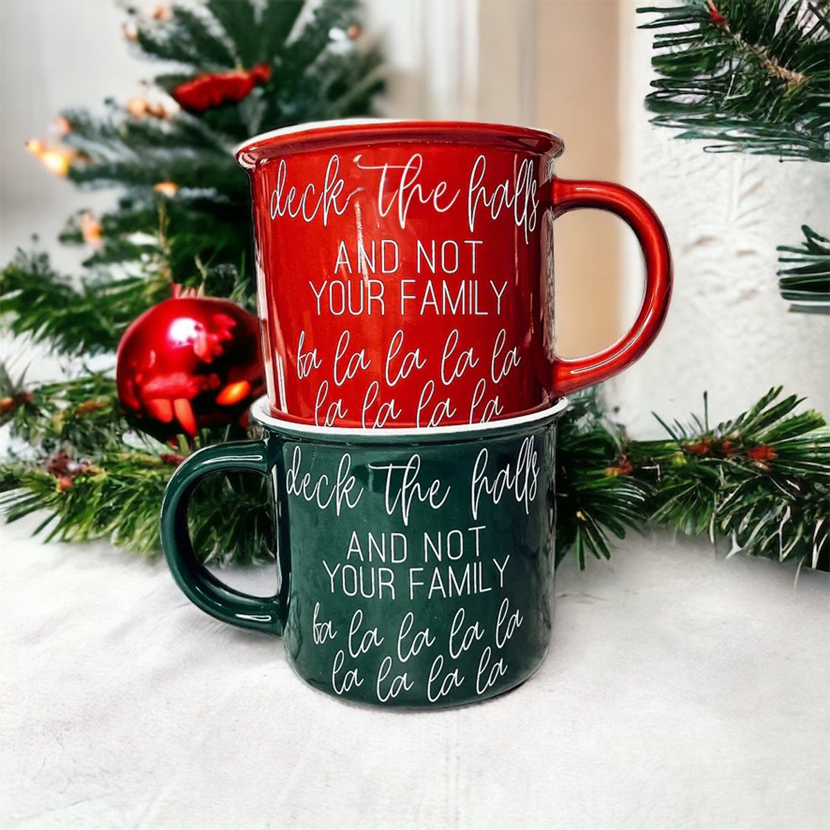 Deck The Halls Ceramic Campfire Mug 14.5oz Holiday Coffee Cup Red Or Green Limited Collection