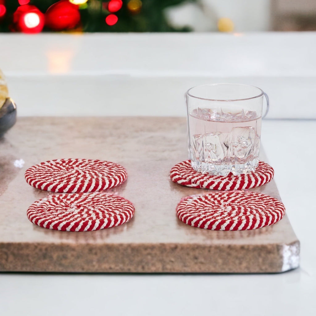 Blue Braided Holiday Coaster Set 4 Pack Candy Cane Stripe Table Protectors Absorbent Drink Mats