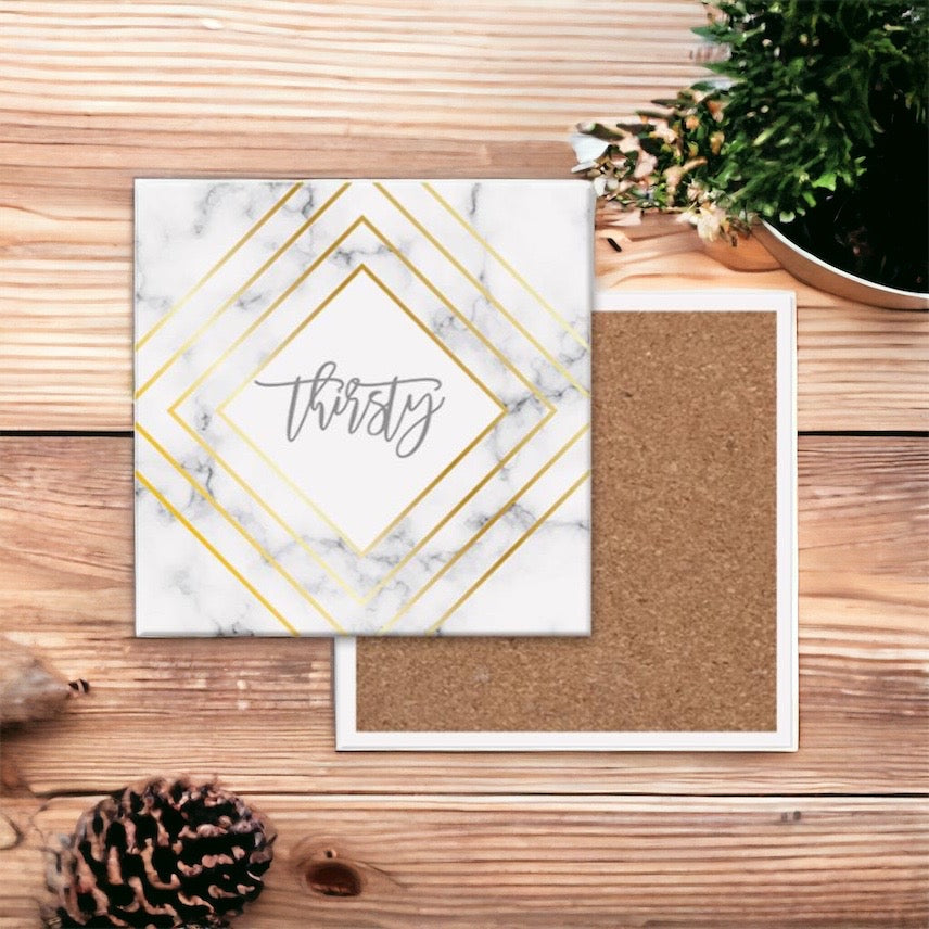 Golden Geometric Ceramic Coaster 4 Inch Cork Back Modern Thirsty Coaster Single Or Set