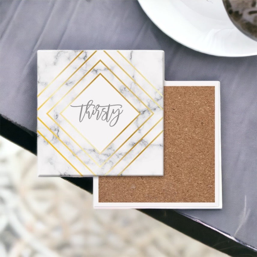 Golden Geometric Ceramic Coaster 4 Inch Cork Back Modern Thirsty Coaster Single Or Set