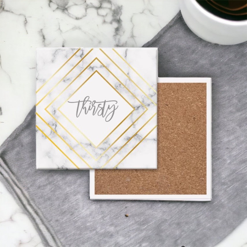 Golden Geometric Ceramic Coaster 4 Inch Cork Back Modern Thirsty Coaster Single Or Set