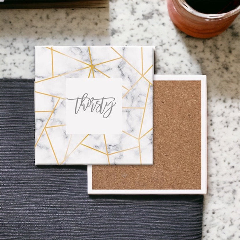 Golden Geometric Ceramic Coaster 4 Inch Cork Back Modern Thirsty Coaster Single Or Set