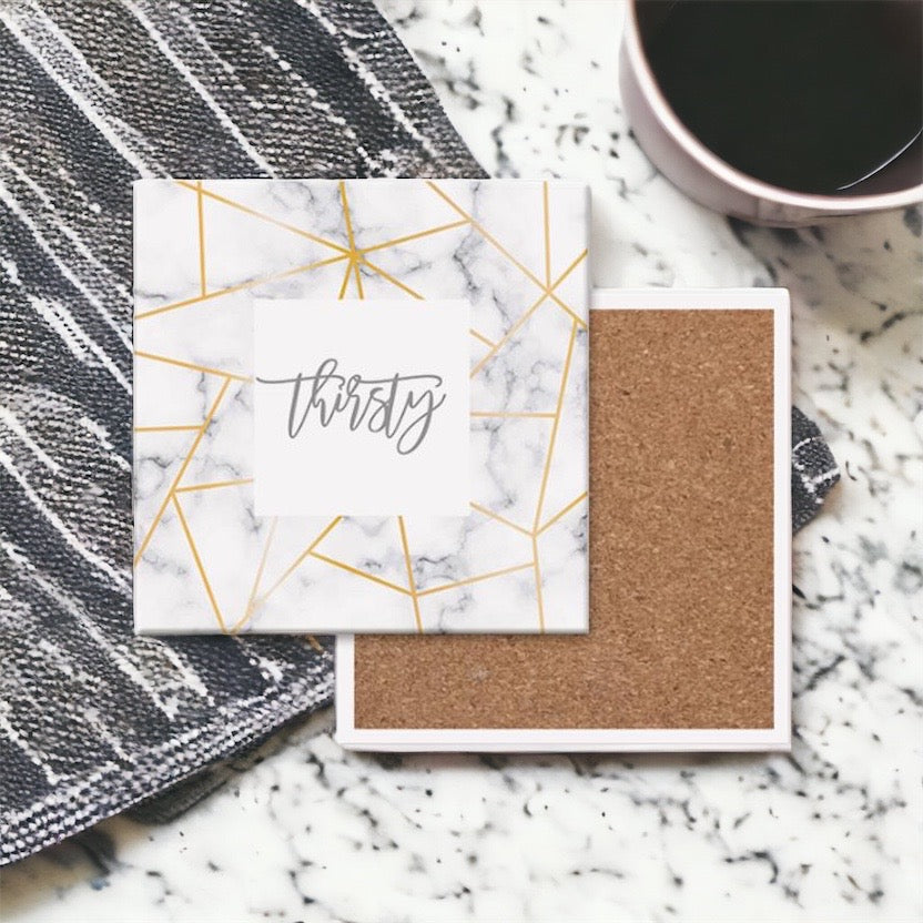 Golden Geometric Ceramic Coaster 4 Inch Cork Back Modern Thirsty Coaster Single Or Set