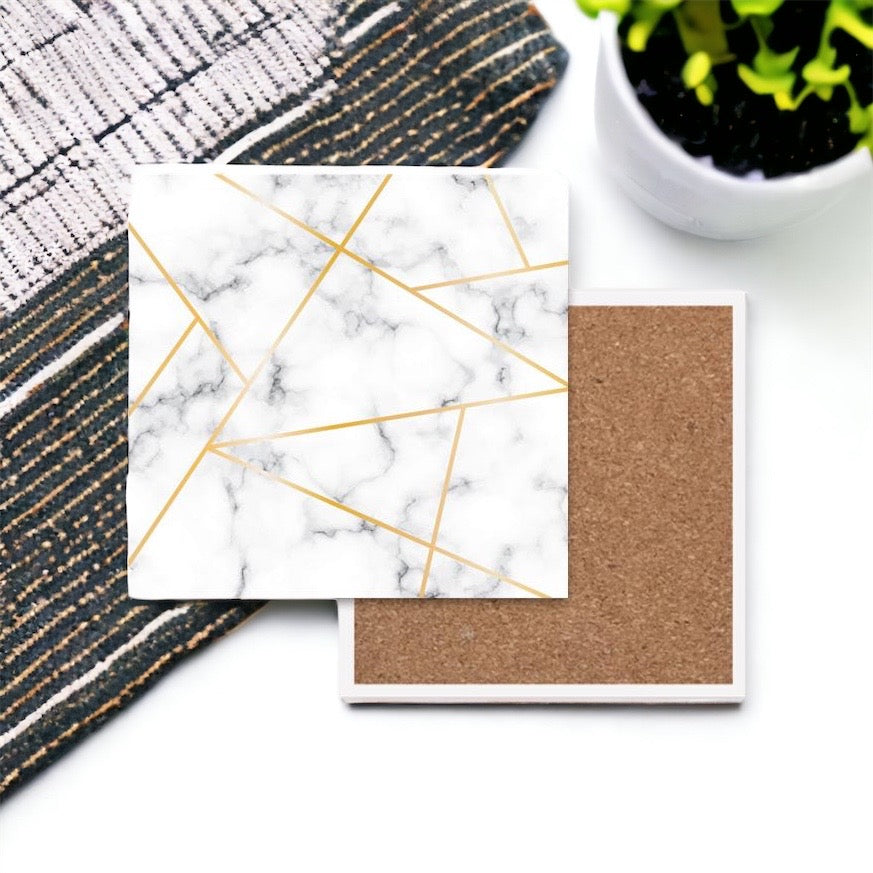 Golden Geometric Ceramic Coaster 4 Inch Cork Back Modern Thirsty Coaster Single Or Set