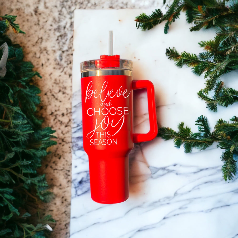 Believe Joy 40oz Insulated Tumbler With Handle Lid Straw Holiday Travel Mug