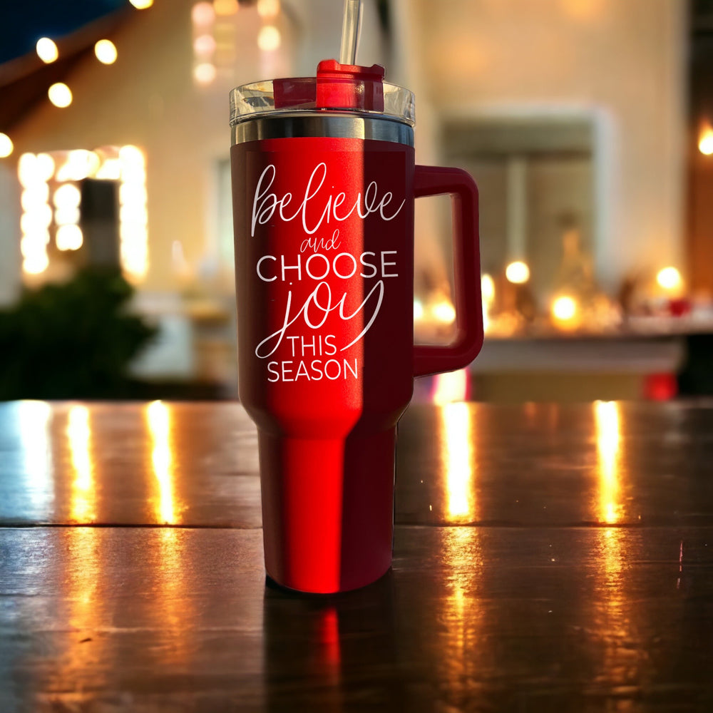 Believe Joy 40oz Insulated Tumbler With Handle Lid Straw Holiday Travel Mug